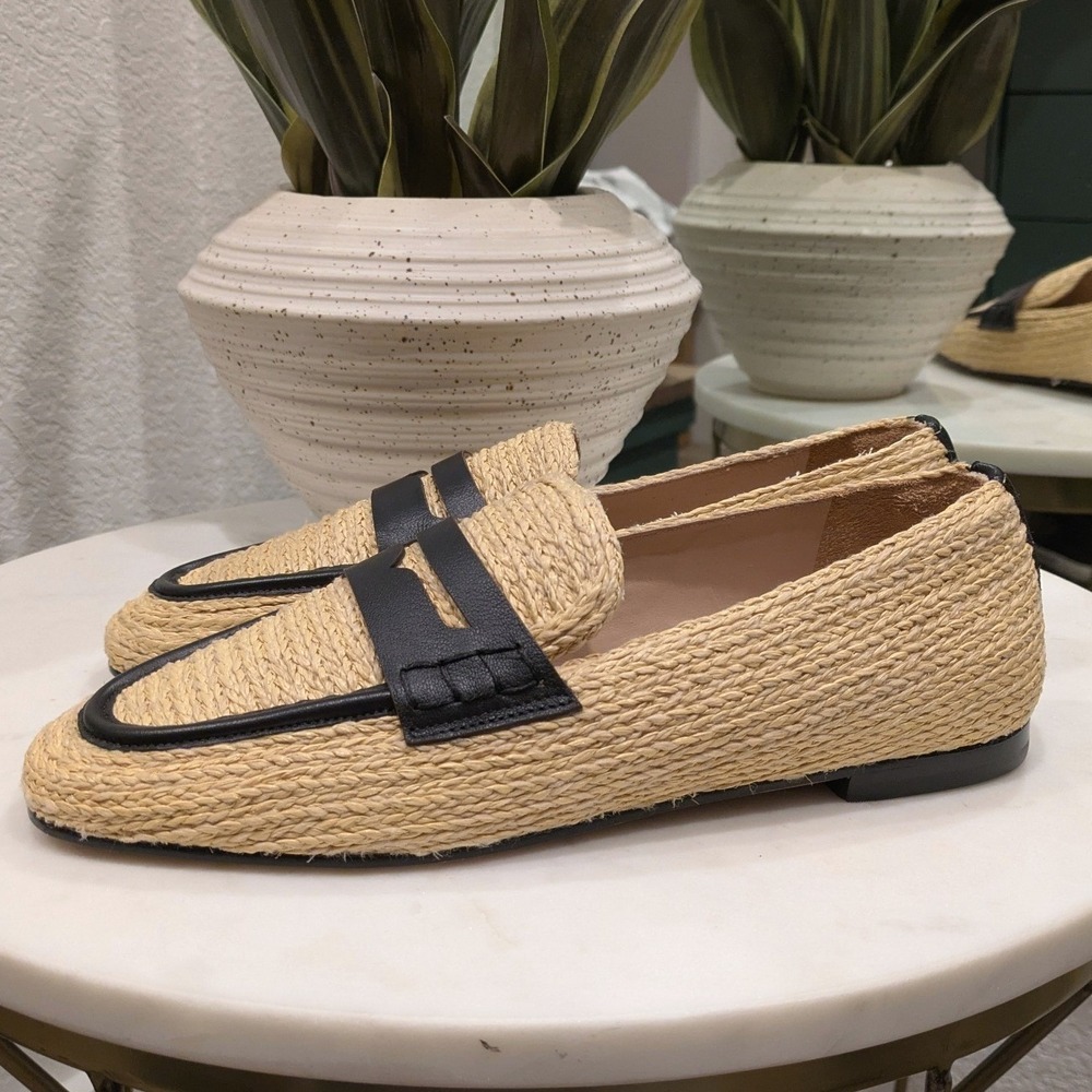 Farm Rio Raffia Penny Loafers Women 7 Beige Black Leather Trim Woven Flat Shoes - Picture 4 of 8